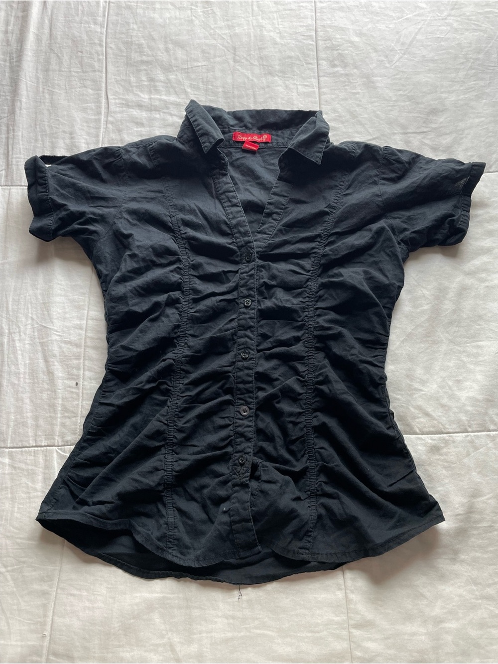 Black Y2K Ruched Cap Sleeve Button Collared Shirt Medium Vamp Grunge Whimsigoth